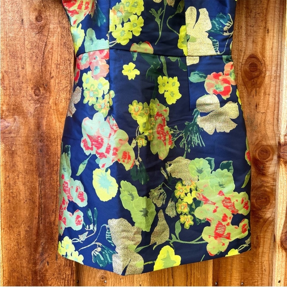 Navy Blue and Green Multi Floral Jacquard Puff Sleeve Mini Dress πΏ - Picture 5 of 10